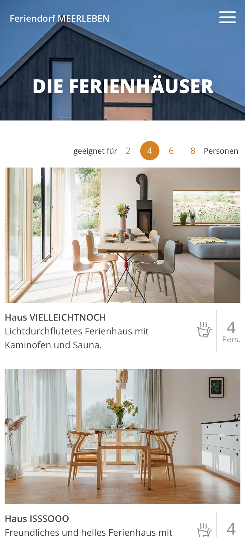 Ferienhäuser Buchungsplattform Listenansicht mit Filtermöglichkeit