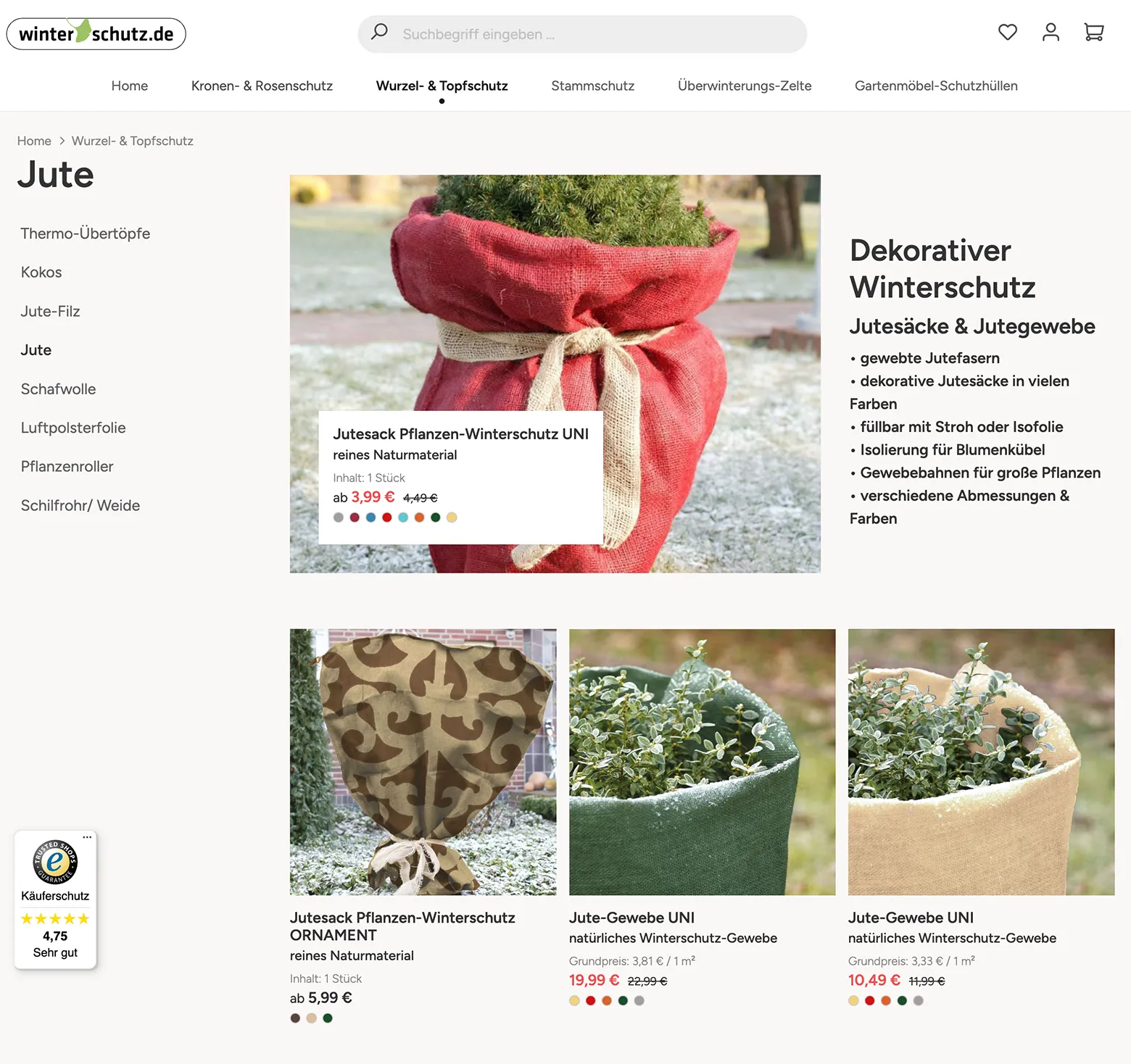 Screenshot des Produktlisting des Shops "Winterschutz"