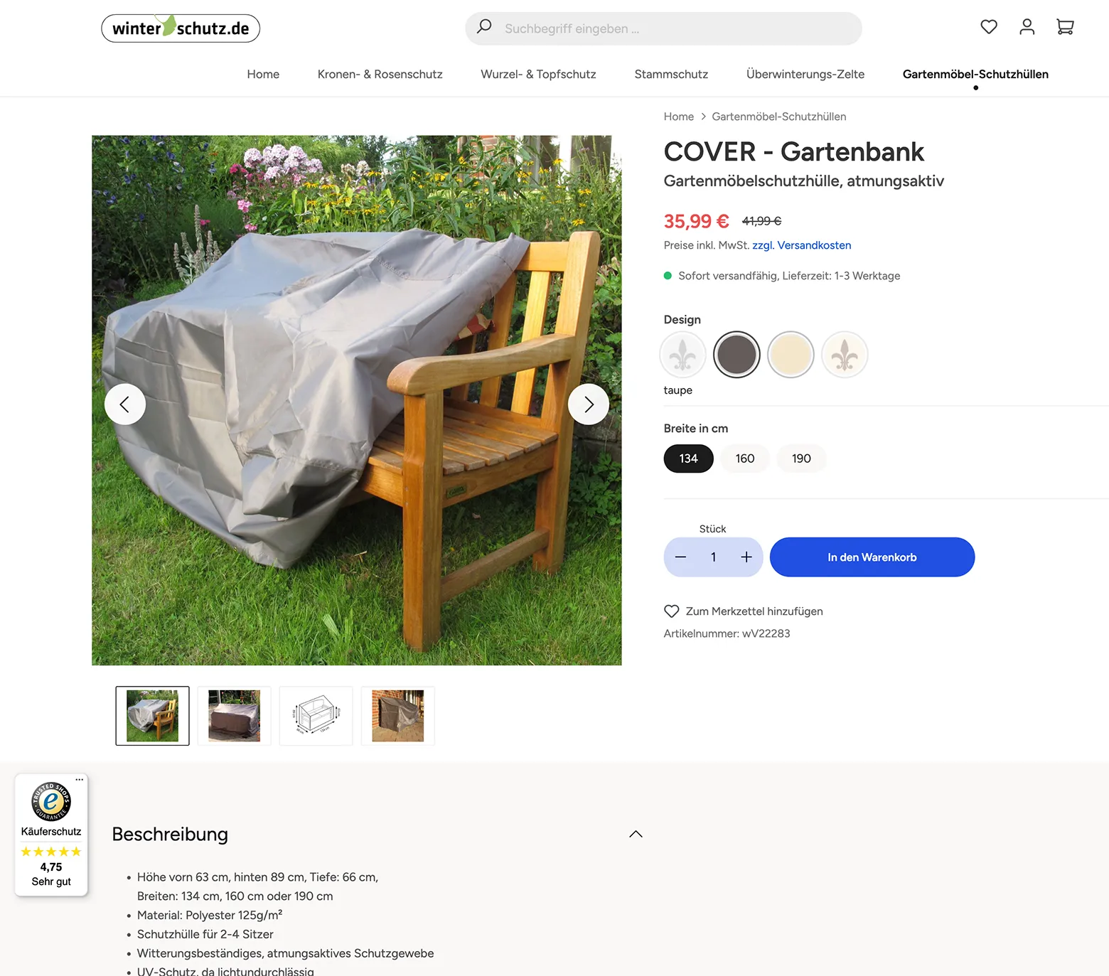 Screenshot der Produktseite des Shops "Winterschutz"