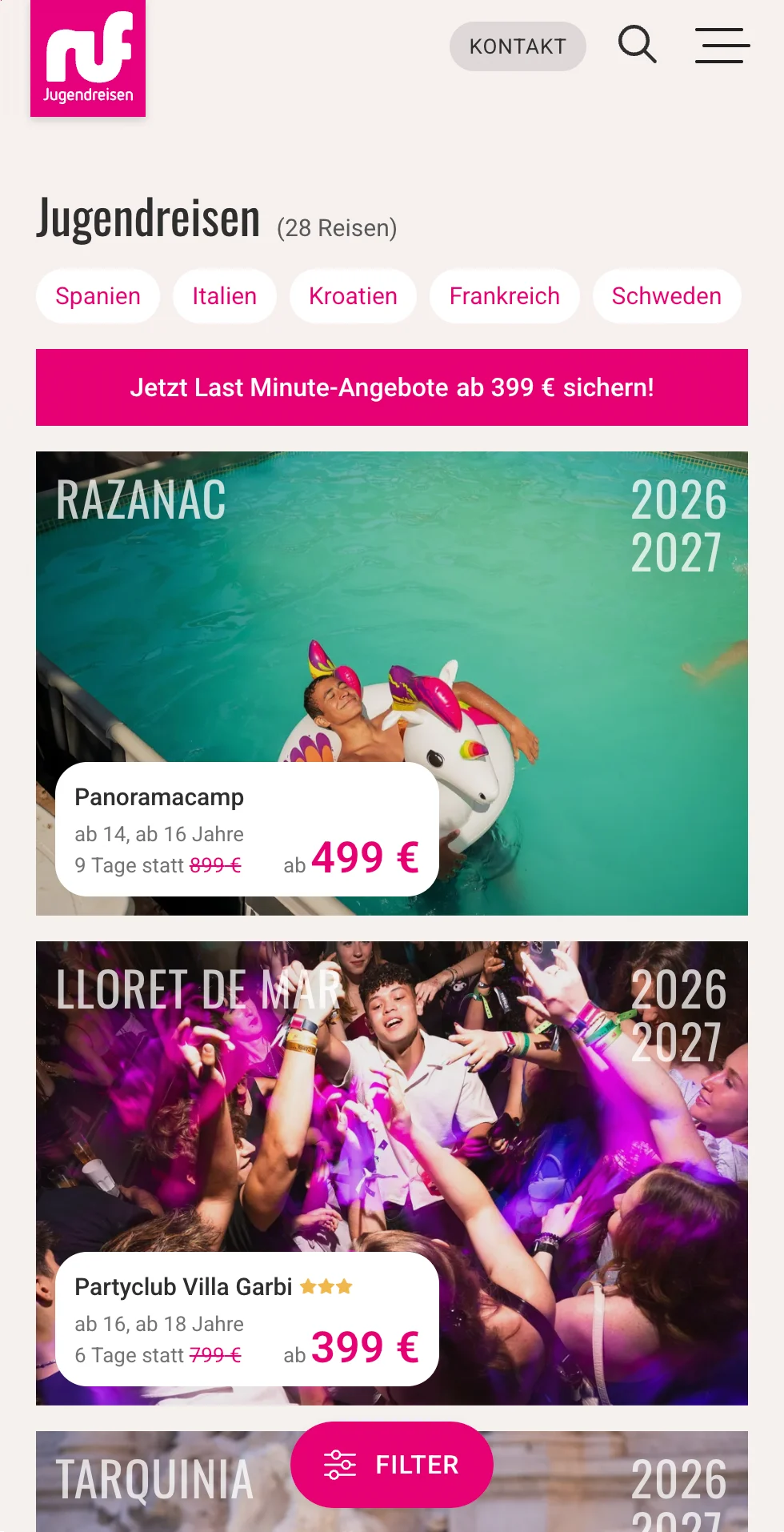 Screenshot der ruf-Website mit Jugendreiseangeboten