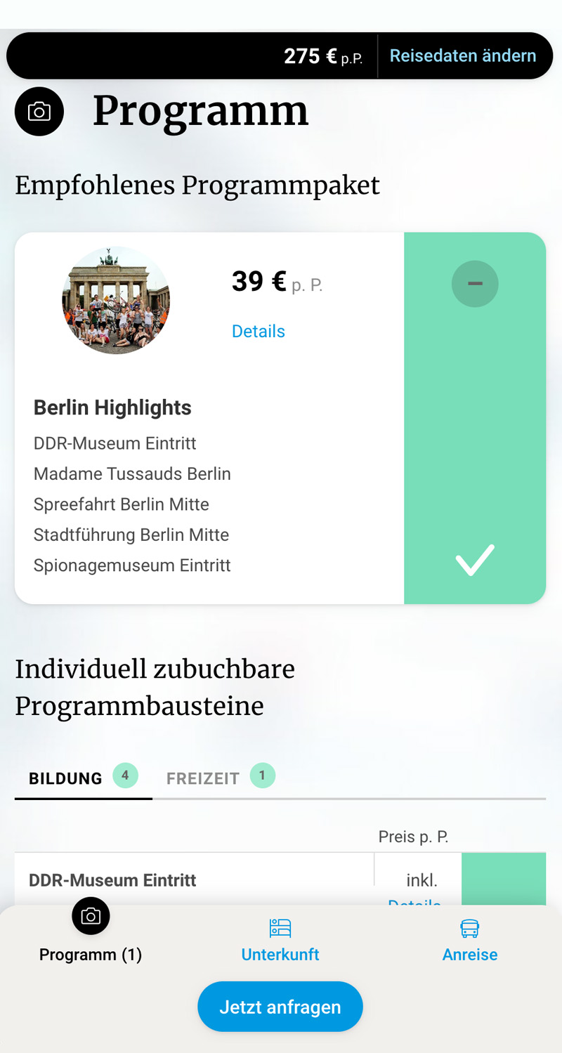 Screen Website ruf Klassenfahrten: interacctive Auswahl der passenden Reise